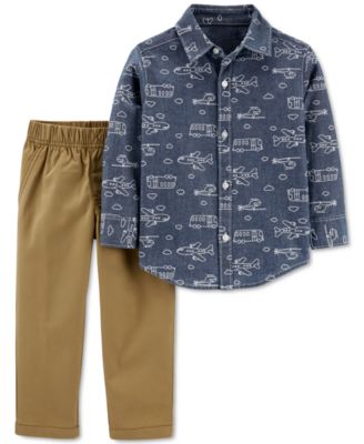 Carter's - Baby Boys 2-Pc. Cotton Plane-Print Chambray Shirt & Pants Set