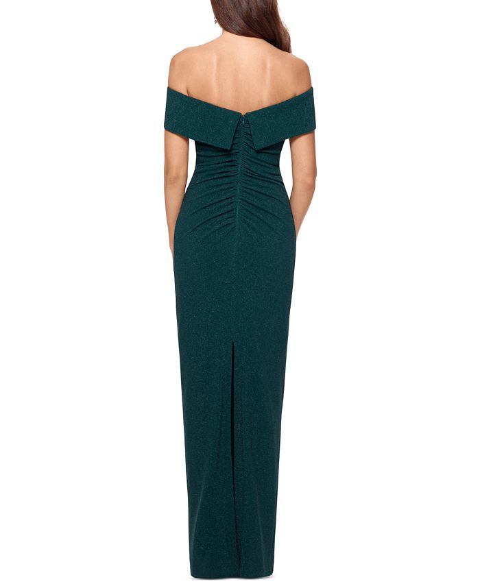 xscape off the shoulder glitter gown