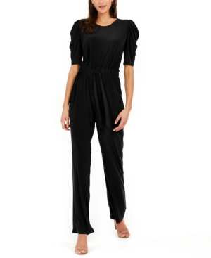 Ny Collection Petite Tie-front Puff-sleeve Jumpsuit In Black