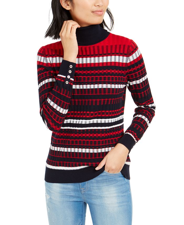 Tommy Hilfiger Textured Button-Sleeve Turtleneck Sweater - Macy's