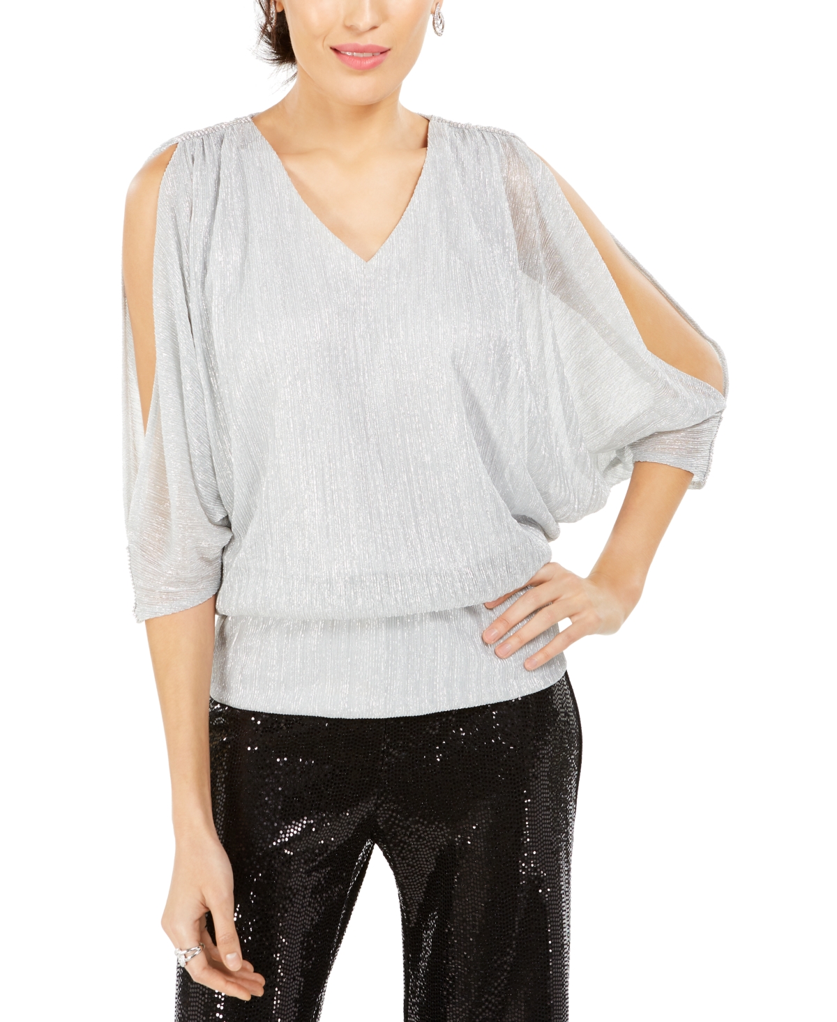 Split-Sleeve Metallic Blouson Top - Silver
