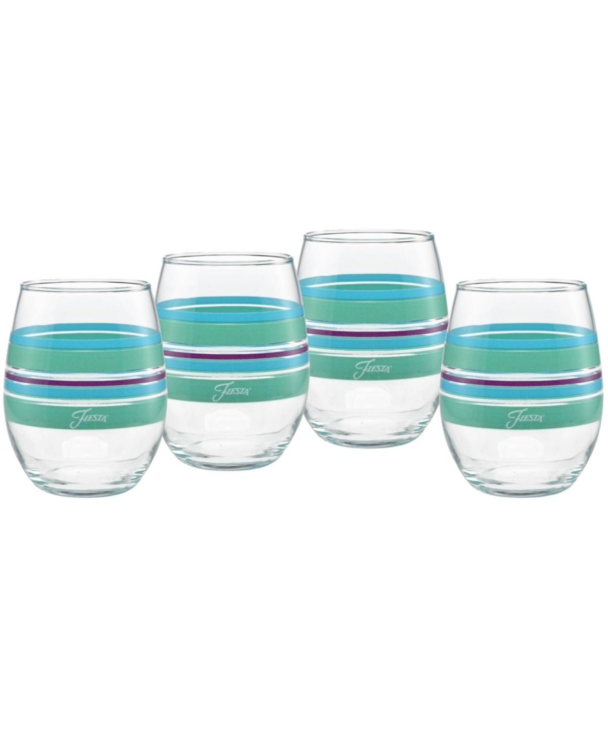 Shop Fiesta Farmhouse Chic Stripes 15-ounce Stemless Wine Glass Set Of 4 In Turquoise,meadow,mulberry,white