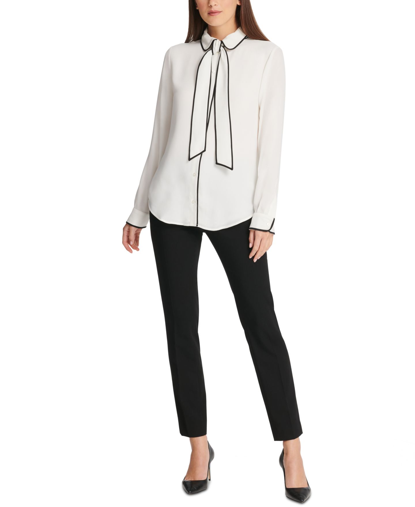 Женская блузка DKNY Petite Piped-Trim Button-Up Blouse, цвет: Льняной белый / Чёрный — фото 8