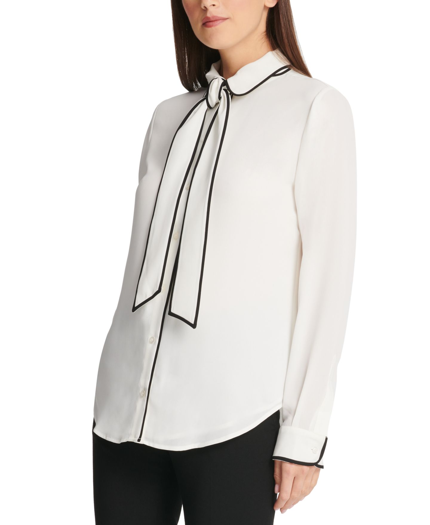 Женская блузка DKNY Petite Piped-Trim Button-Up Blouse, цвет: Льняной белый / Чёрный — фото 5