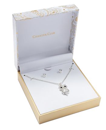 Charter Club - Fine Silver Plate 2-Pc. Set Crystal Owl Pendant Necklace & Solitaire Stud Earrings