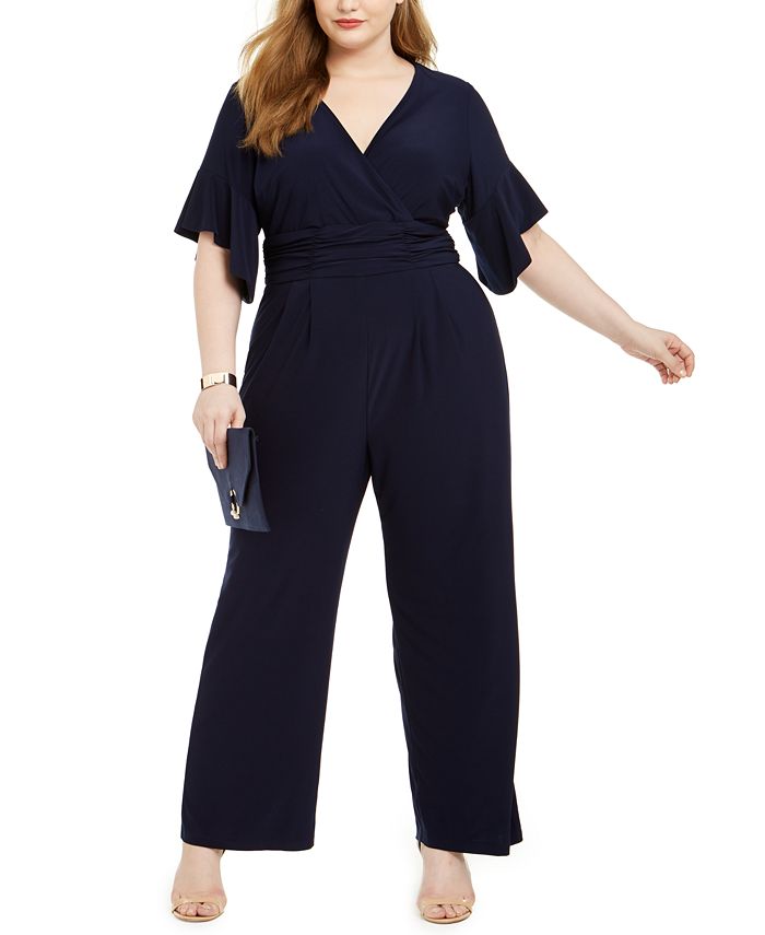 Jessica Howard Plus Size Surplice Ruched Jersey Jumpsuit - Macy's
