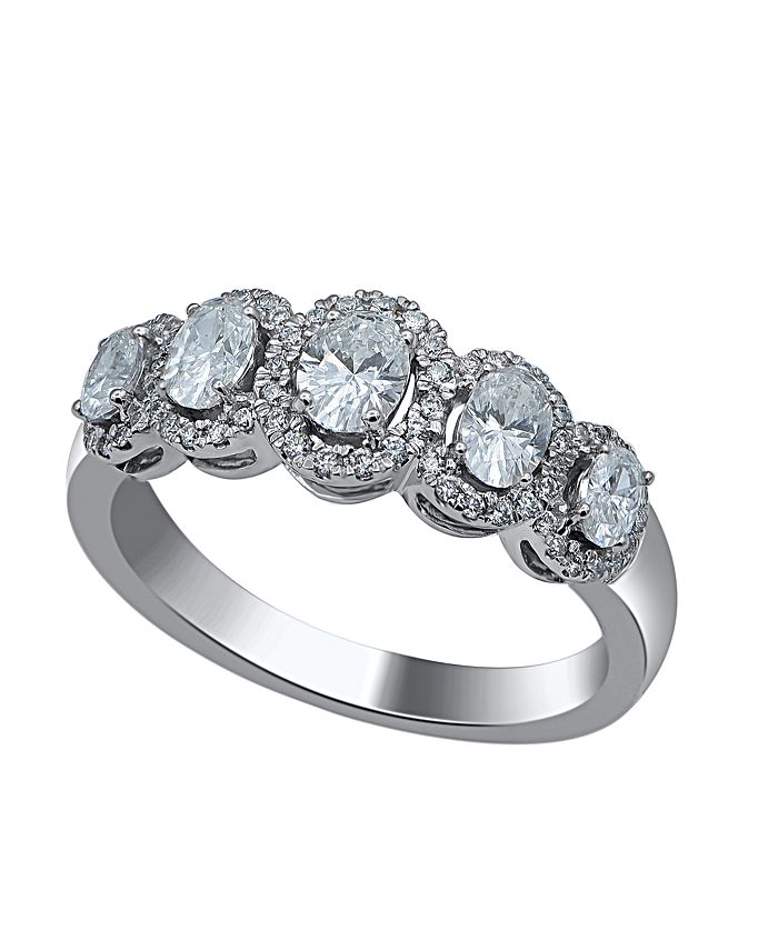 Macy's - Graduating Five Stone Oval & Round Diamond (1 ct. t.w.)  Halo Ring in 14K White Gold