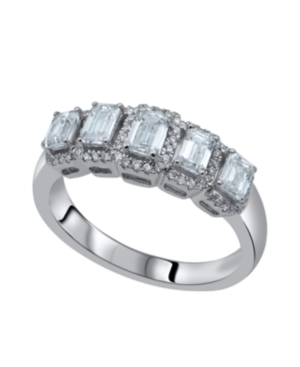 image of Graduating Five Stone Emerald & Round Diamond (1 ct. t.w.) Halo Ring in 14K White Gold