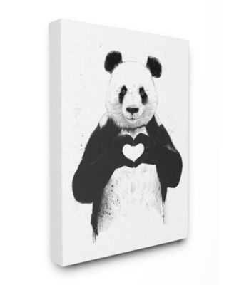 Black and White Panda Bear Making A Heart Ink Illustration Stretched Canvas Wall Art, 30" L x 40" H