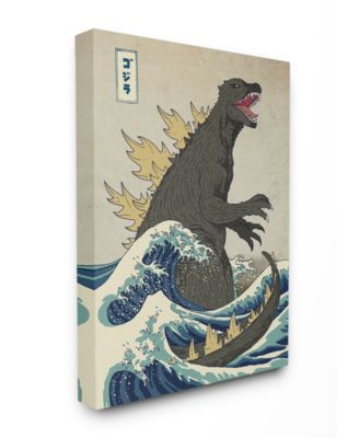 Godzilla in The Waves Eastern Poster Style Illustration Stretched Canvas Wall Art, 24" L x 30" H
