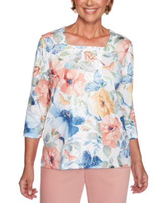Alfred Dunner Pearls of Wisdom Lace-Panel Printed Top - Macy's