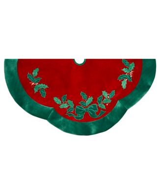 Kurt Adler - 48-Inch Velvet Red with Green Leaves Applique Tree skirt