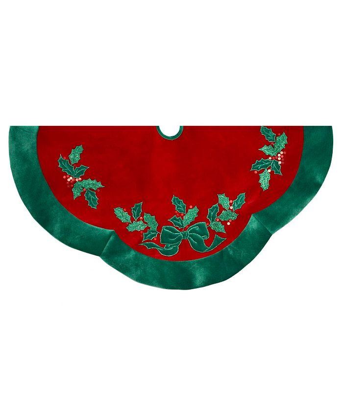 Kurt Adler 48-Inch Velvet Red with Green Leaves Applique Tree skirt ...