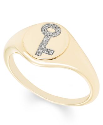 Macy's - Diamond (1/20 ct. t.w.) Key Signet Ring in 14k Yellow or Rose Gold