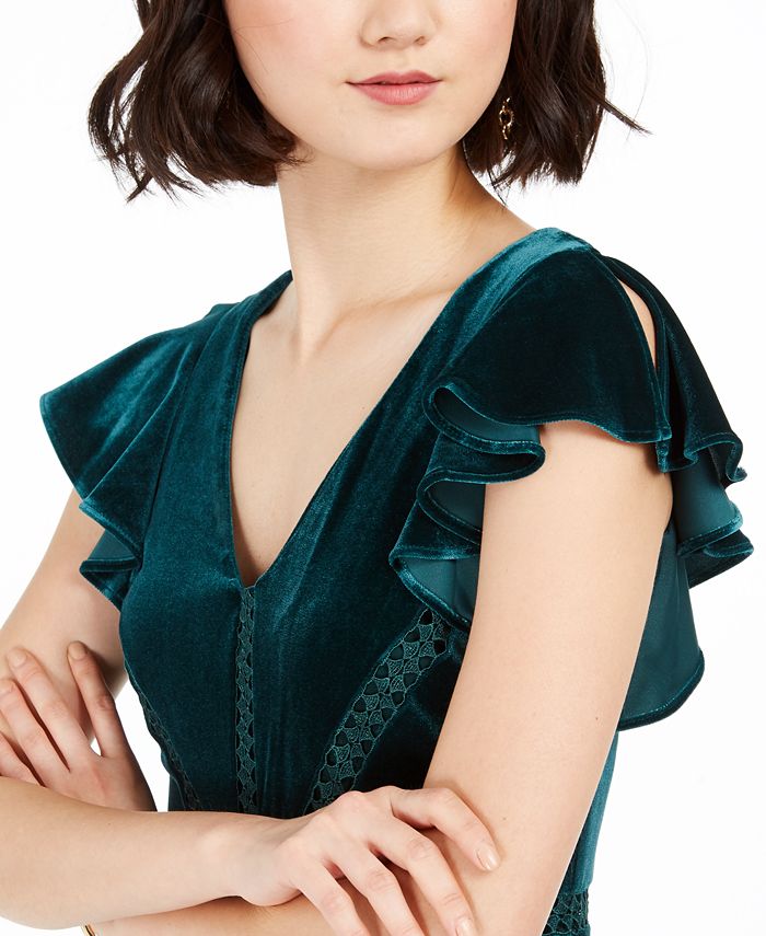 velvet flutter sleeve midi dress with tie waist