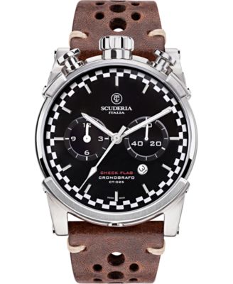 CT Scuderia - Men's Swiss Chronograph Check Flag Brown Leather Strap Watch 44mm