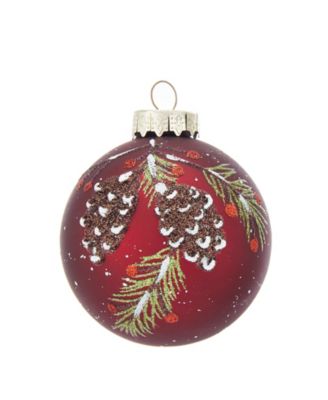 Kurt Adler - 80MM Glass Red With Pinecone Design Ball Ornaments, 6 Piece Box Set
