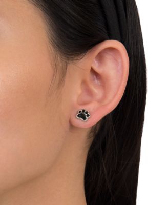 Jet Pav&eacute; Paw Print Stud Earrings in Sterling Silver