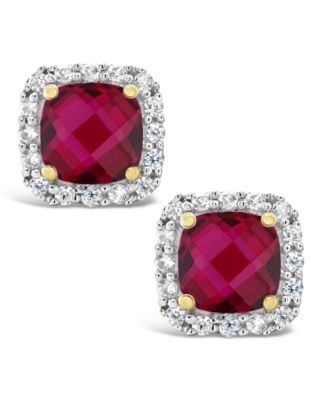 Lab Grown Ruby (1-1/3 ct. t.w.) and Lab Grown White Sapphire (1/5 ct. t.w.) Halo Stud Earrings in 10k Yellow Gold. Also Available in Lab Grown White Sapphire and Lab Grown Spinel Aquamarine