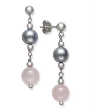 image of Gray Cultured Freshwater Pearl 7.5-8.5mm and Rose Quartz 8mm Drop Earrings in Sterling Silver