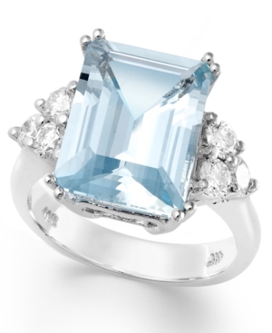 image of 14k White Gold Ring, Aquamarine (5-1/2 ct. t.w.) and Diamond (1/2 ct. t.w.) Emerald-Cut Ring