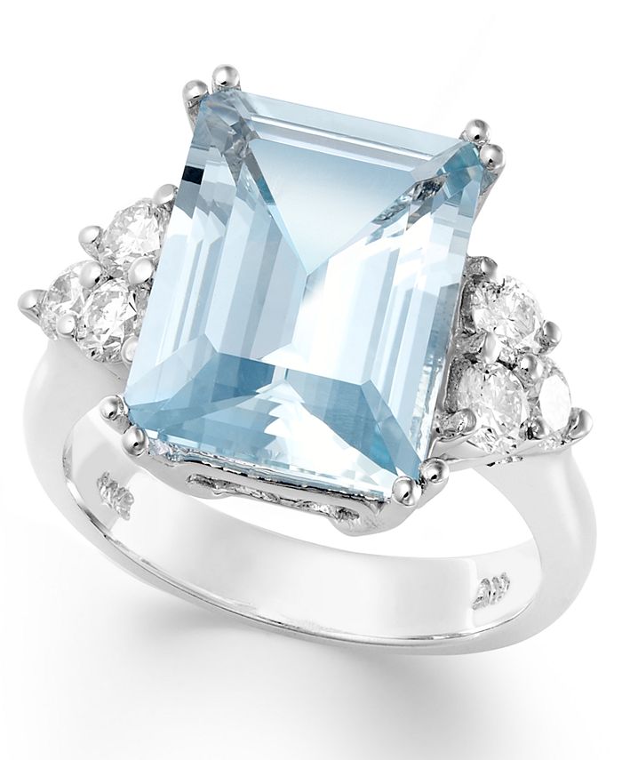 Macy's - 14k White Gold Ring, Aquamarine (5-1/2 ct. t.w.) and Diamond (1/2 ct. t.w.) Emerald-Cut Ring