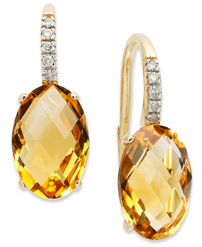 Macy's - 14k Gold Earrings, Citrine (6 ct. t.w.) and Diamond Accent Oval Leverback Earrings