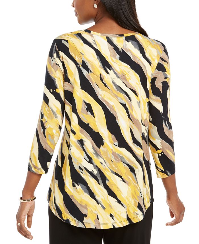 Jm Collection Womens Printed 3 4 Sleeve Scoop Neck Top Yellow Size S main image 1