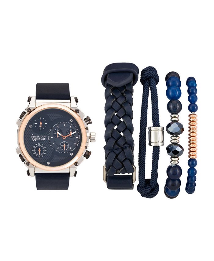 American Exchange - Men's Analog Quartz Watch And Stackable Set Navy With Rose Gold