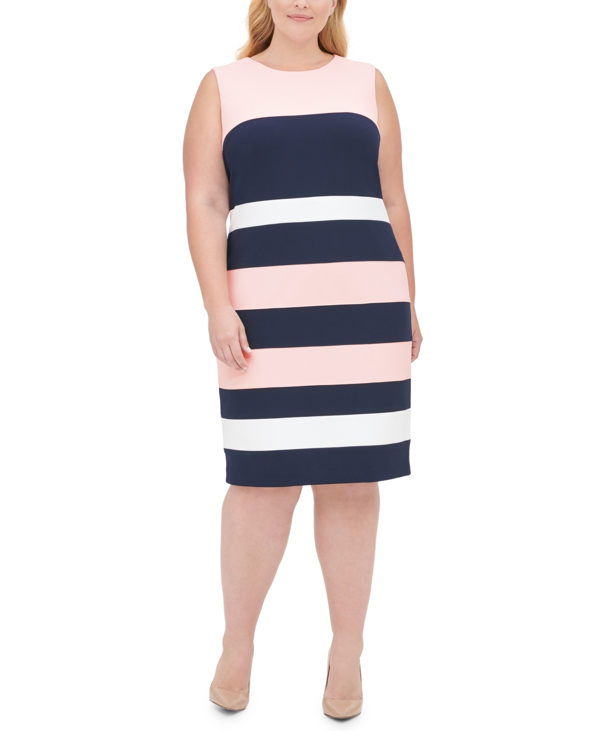 Tommy Hilfiger Plus Size Scuba Crepe Colorblock Sheath Dress In Ballerina Pink,sky Cap,ivory