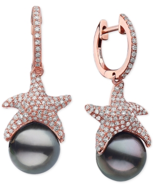 image of Effy Cultured Black Tahitian Pearl (9-1/2mm) & Diamond (3/4 ct. t.w.) Starfish Dangle Drop Earrings in 14k Rose Gold