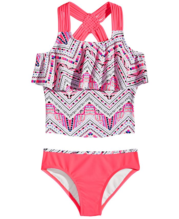 Glitter Beach Big Girls 2-Pc. Printed Flounce Tankini Swim Suit - Macy's