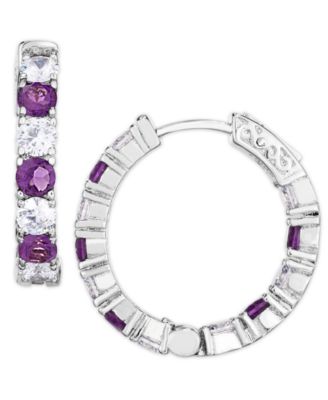 Simulated Cubic Zirconia Alternating Hoop Earrings in Silver Plate