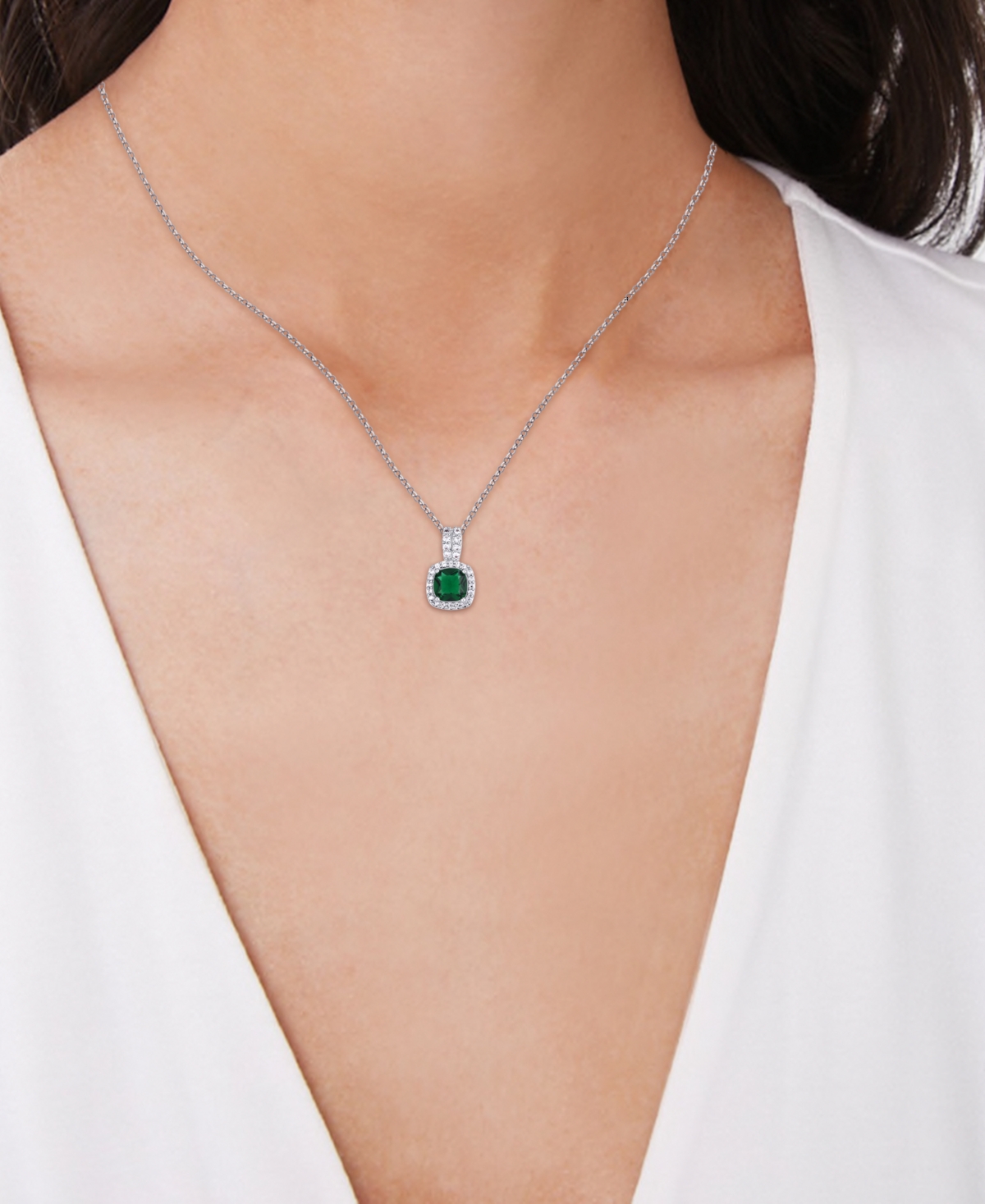 Shop Macy's Birthstone Cushion Halo Pendant Necklace In Silver Plate In May,simulated Emerald