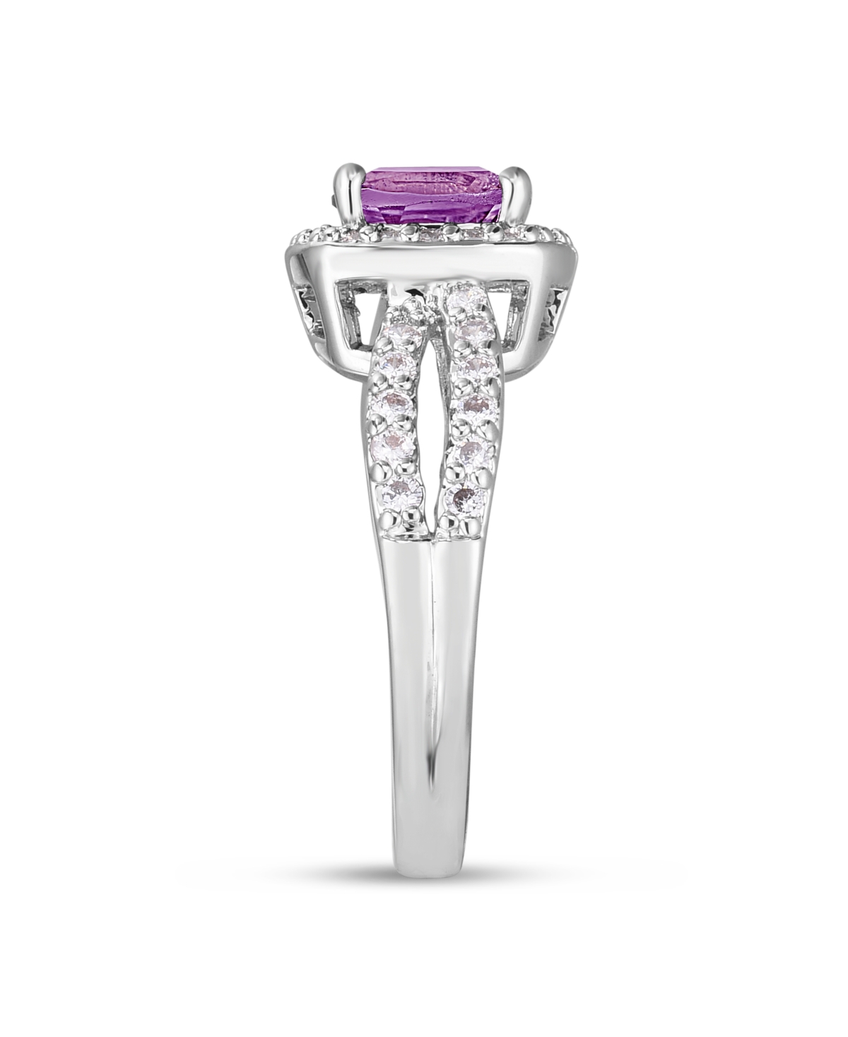 Simulated Birthstone Cushion Cubic Zirconia Halo Solitaire Ring in Silver Plate -Simulated Amethyst