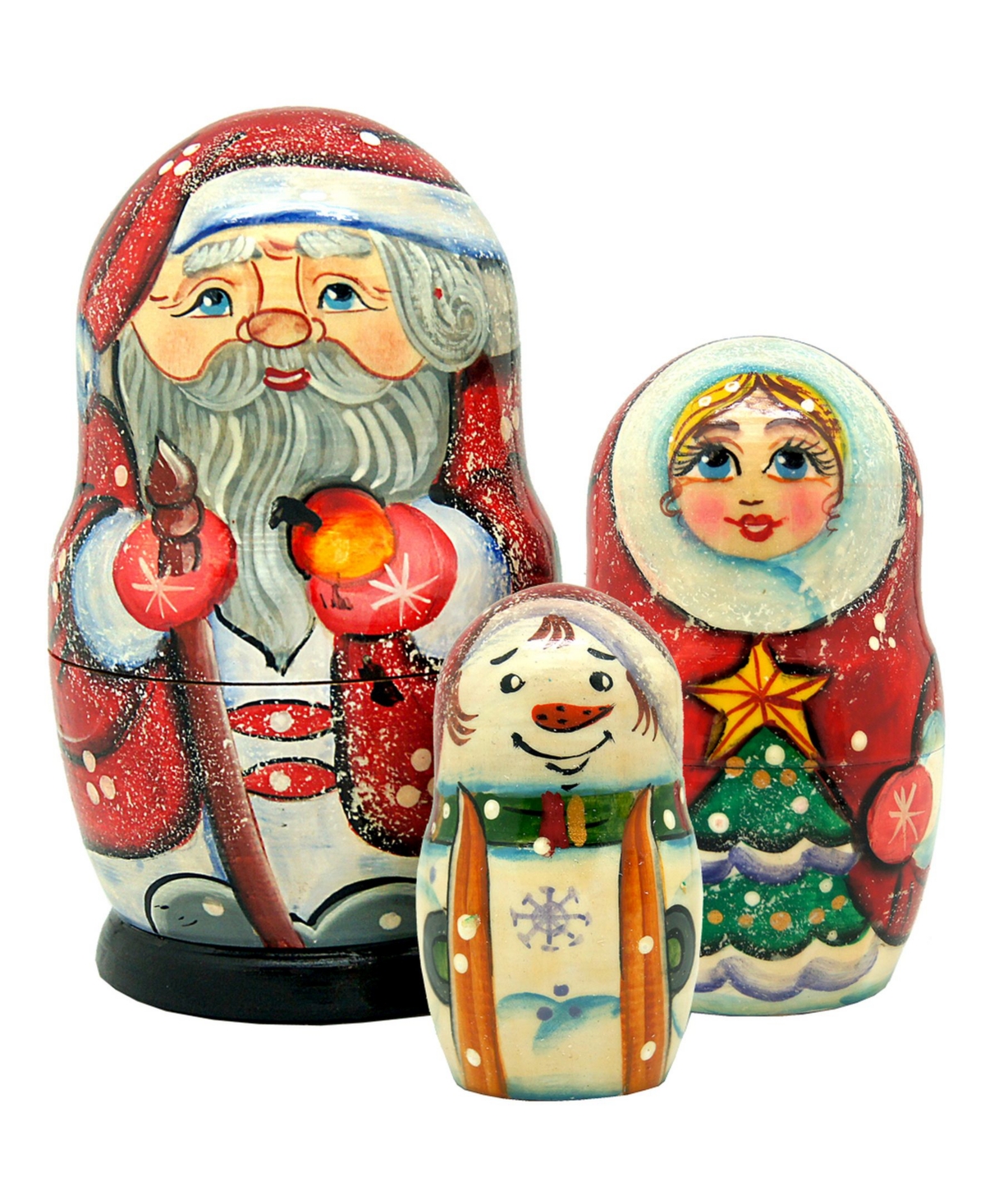 Santa Family with Snowmaiden and Snowman 3-Piece Russian Matryoshka Nested Dolls Set - Multi