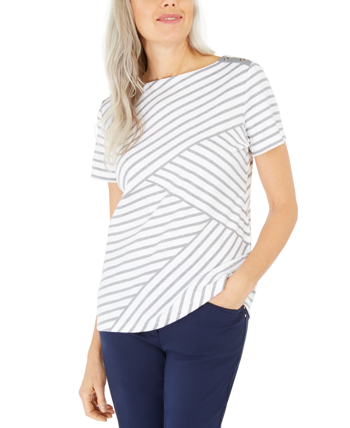 Karen Scott Asymmetrical Striped Top, Created for Macy's - Smoke Grey Heather