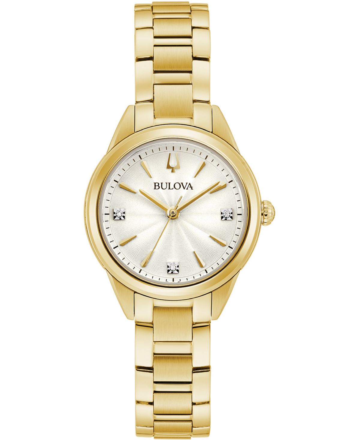 Bulova Sutton gold-tone 28mm women’s watch with diamond-accent indices, sunray dial