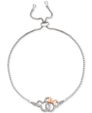 Disney Cubic Zirconia Interlocking Mickey & Minnie Bolo Bracelet In Sterling Silver & 18k Rose Gold-plate