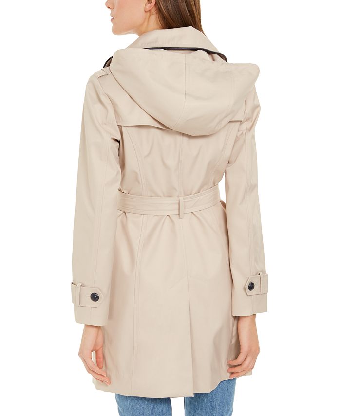 GUESS Hooded Faux-Leather-Trim Water-Resistant Double-Breasted Trench ...