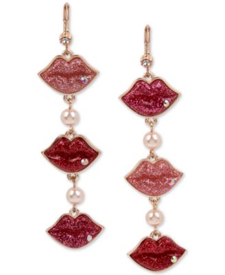 Betsey Johnson Rose Gold-Tone Crystal & Imitation Pearl Glitter Lips ...