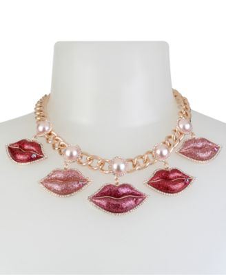 Betsey Johnson Rose Gold-Tone Crystal & Imitation Pearl Glitter Lips ...