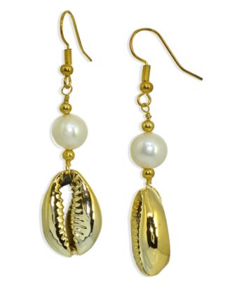 Macy's - Freshwater Pearl Puka Shell Drop Earring in Fine Silver Plate