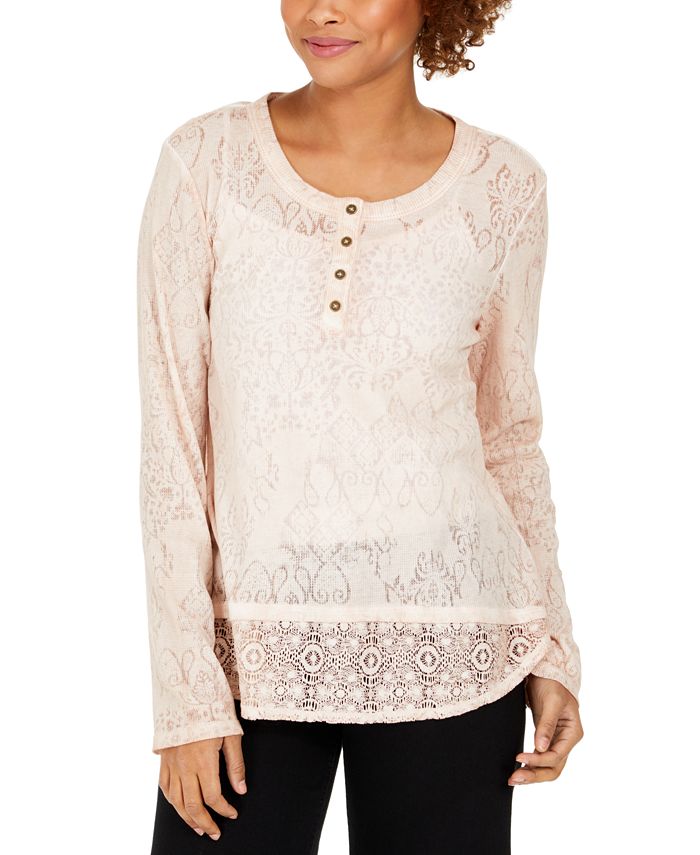 Style & Co Lace Henley Top, Created for Macy's - Macy's