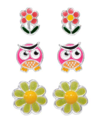 Rhona Sutton - Children's Owl, Blossom, Flower Stud Earrings - Set of 3 in Sterling Silver