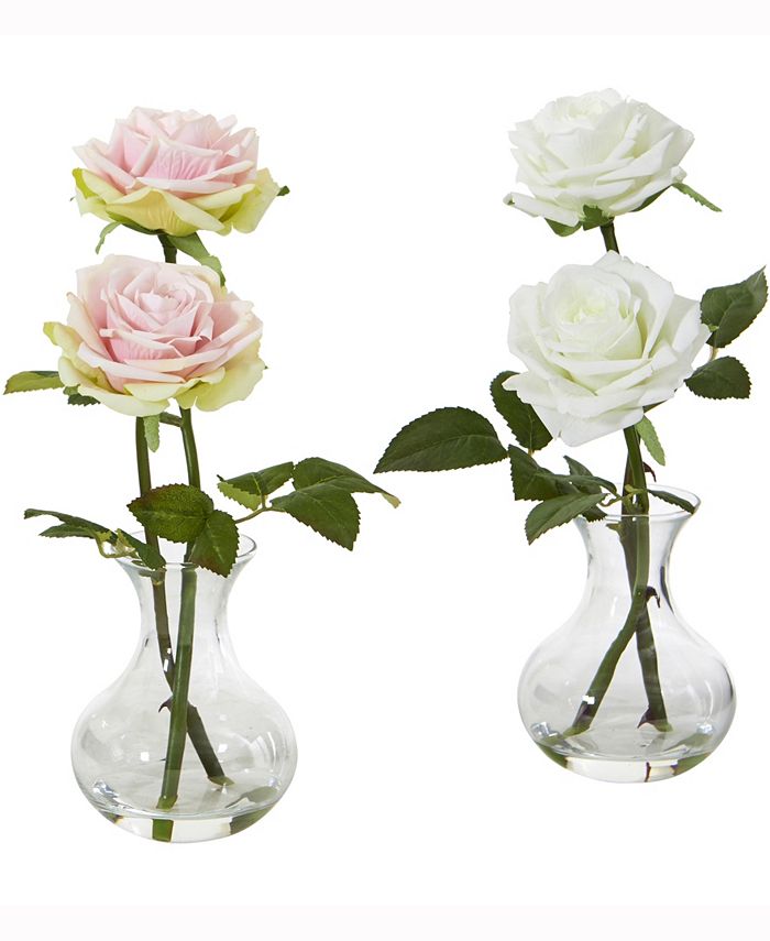 Nearly Natural - 11in. Rose Artificial Arrangement in Glass Vase Set of 2