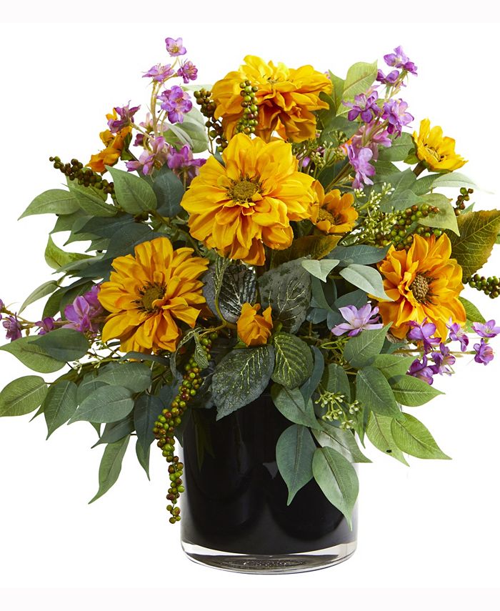 Nearly Natural - 16in. Dancing Daisy, Zinnia and Mixed Greens Artificial Arrangement in Black Vase