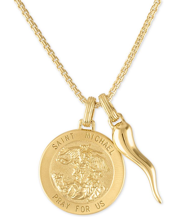 Esquire Men's Jewelry - Men's St. Michael Medallion & Horn 24" Pendant Necklace in 14k Gold-Plated Sterling Silver