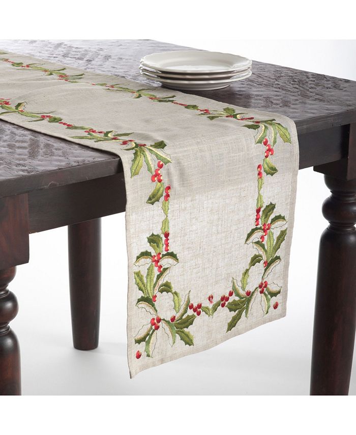 Saro Lifestyle Embroidered Holly Design Holiday Linen Blend Table ...