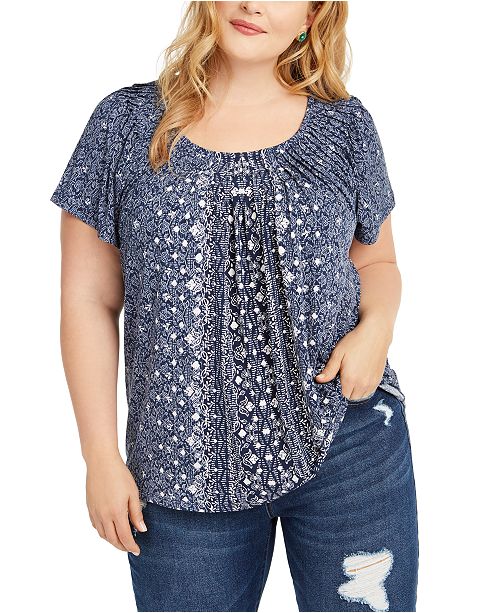 Style & Co Plus Size Print Pleated-Neck Top, Created for Macy's ...